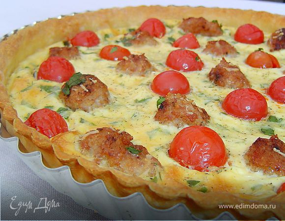 Киш с помидорами черри и мясными шариками Киш с помидорами черри и мясными шариками