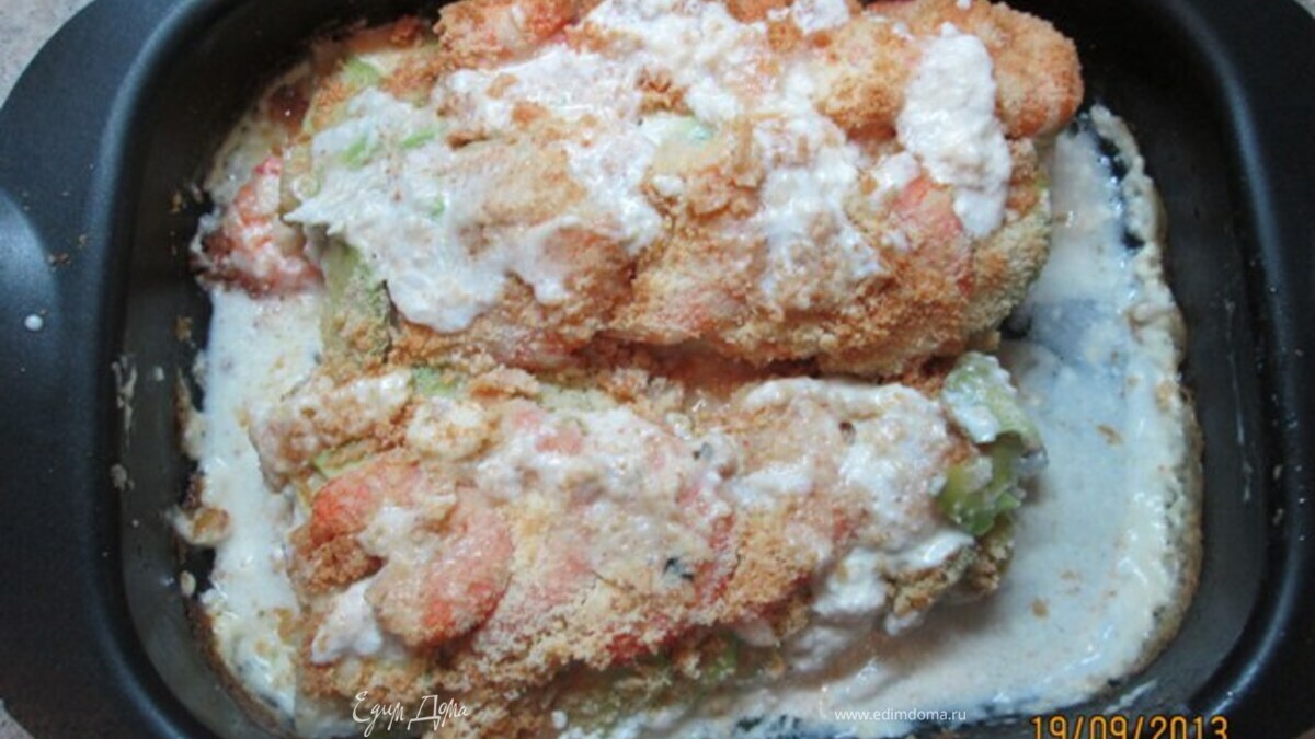 Треска, запеченная с креветками и сыром Джюгас