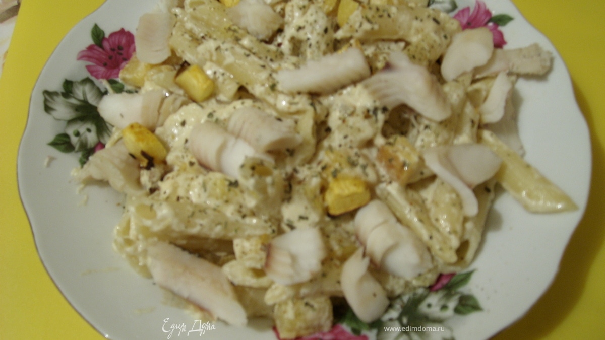 Макароны с тыквой и треской