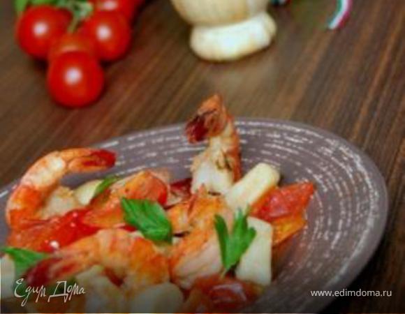 Фрегула с соусом из креветок и томатов черри 