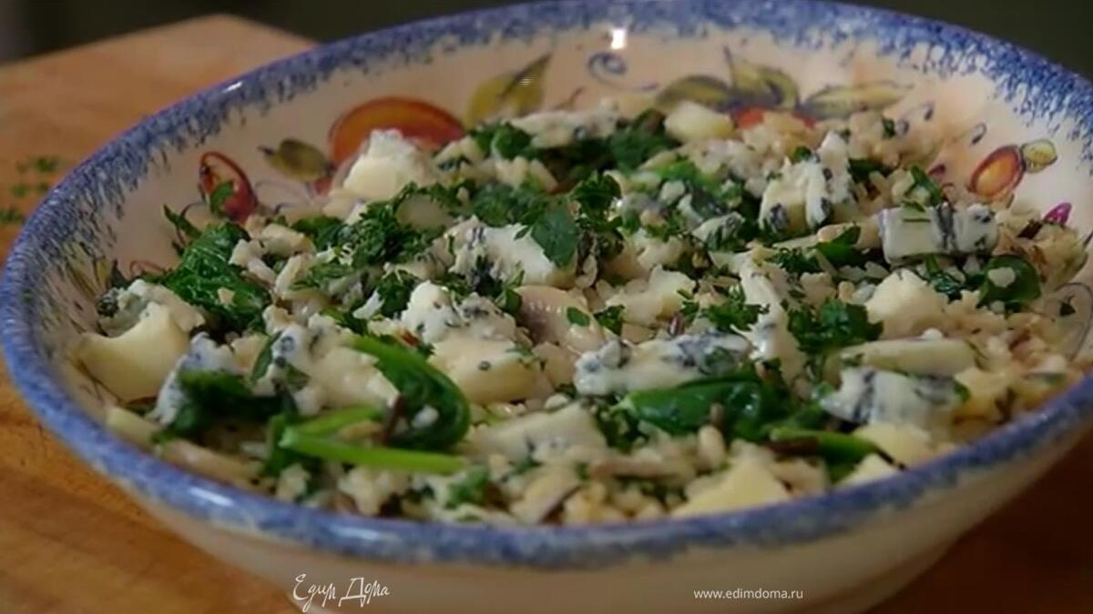 Рис с горгонзолой, шампиньонами и шпинатом