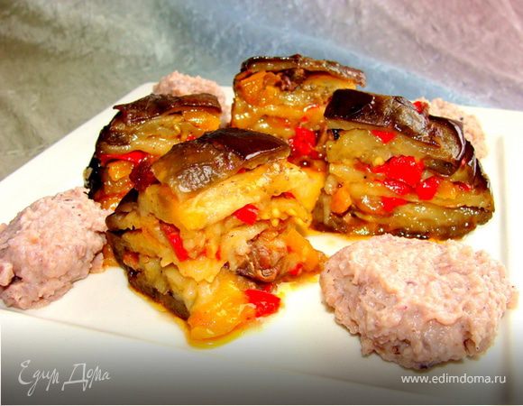 Мильфей из баклажанов с морепродуктами