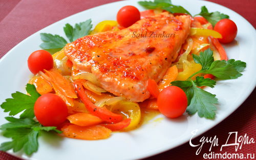 Рецепт Семга с пряной карамелью и овощами