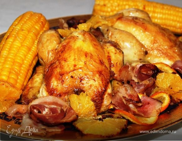 Румяные цыплята с апельсинами в беконе