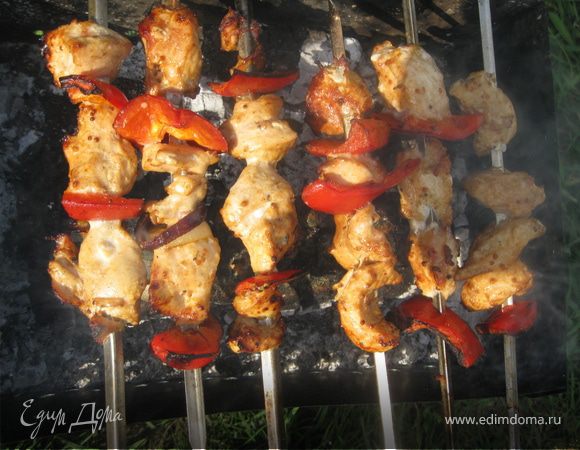 Шашлык из цыпленка в горчичном маринаде с болгарским перцем