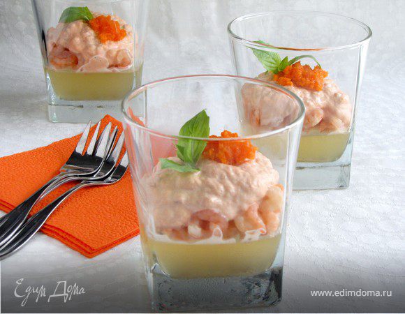 Ланспик с кремом из форели и креветками