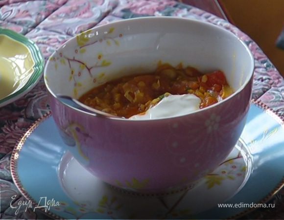 Супчик из чечевицы с пореем и помидорами