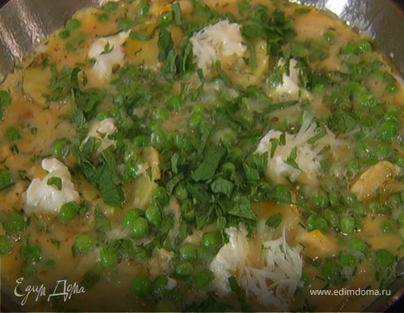 Омлет с зеленым горошком, картофелем и сыром 