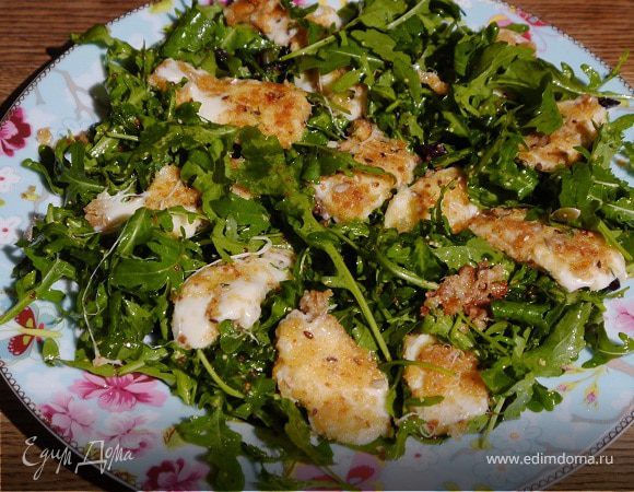 Жареный сулугуни с руколой и вяленой клюквой 