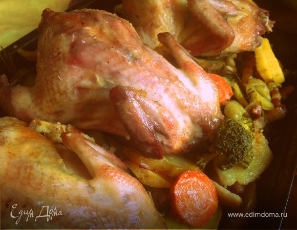 Маринованные в вине перепела, запеченные с овощами и беконом Маринованные в вине перепела, запеченные с овощами и беконом