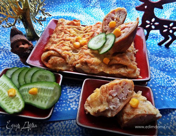 Блины с ветчиной, запечённые под сыром