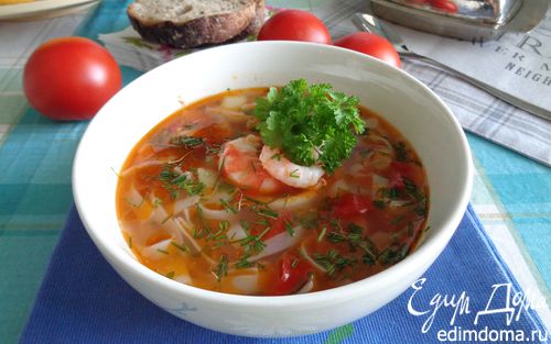 Рецепт Средиземноморский суп с морепродуктами, рыбой и рисовой лапшой