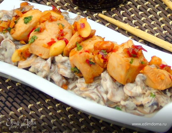 Карамелизированная курица на грибной подушке Карамелизированная курица на грибной подушке