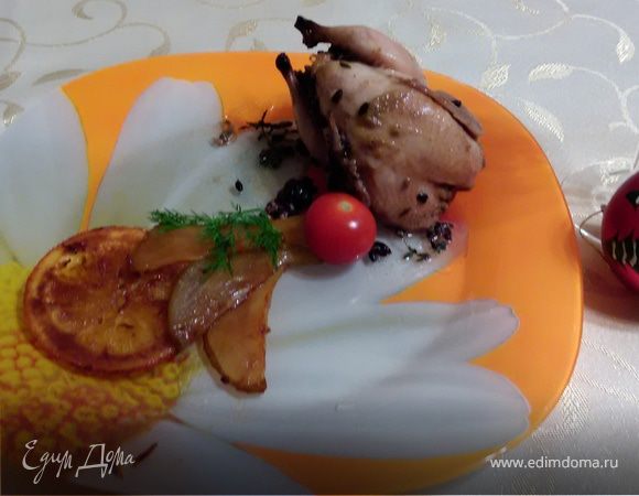 Перепелки в медово-горчичном маринаде с карамелизированной грушей и апельсином