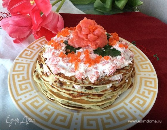 Закусочный блинный торт с семгой и рикоттой Закусочный блинный торт с семгой и рикоттой