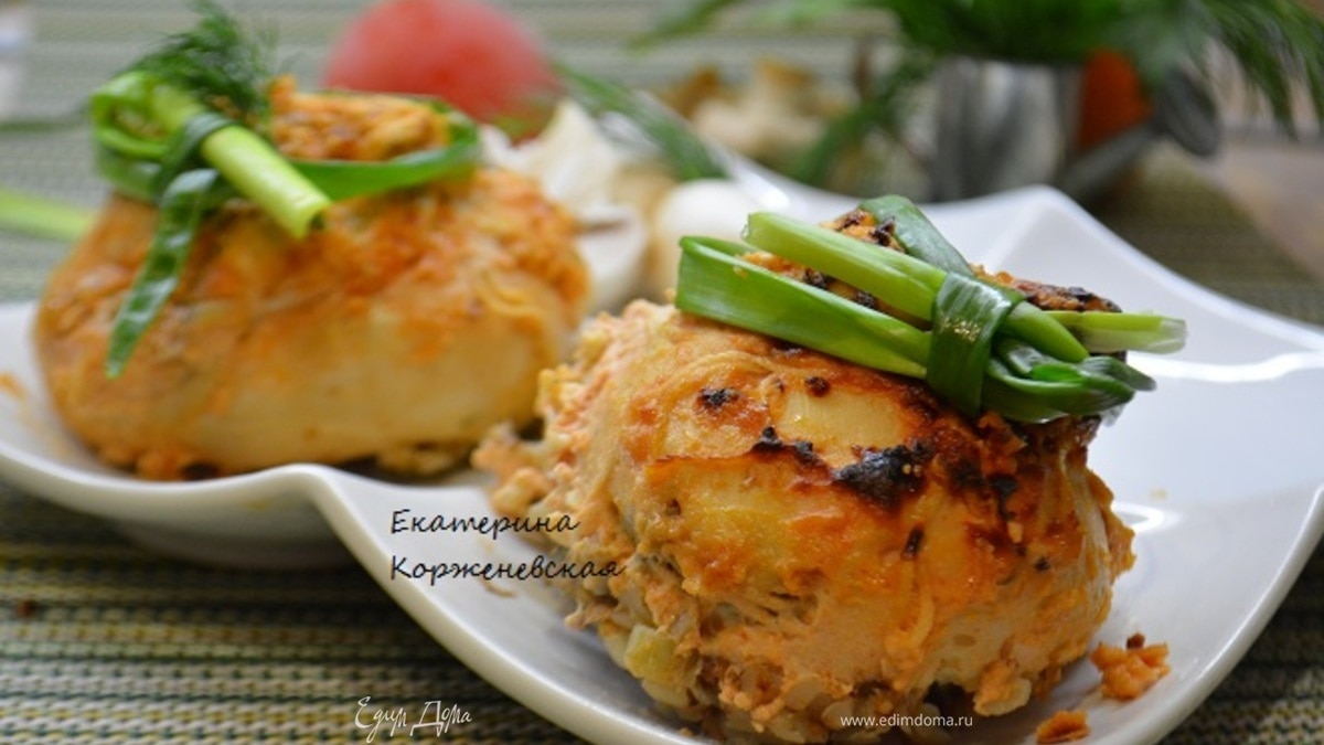 Мешочки из курицы с гречкой и шампиньонами