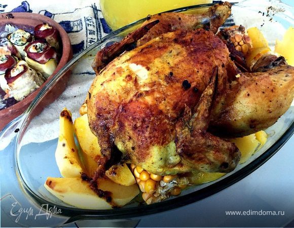 Запеченная курица, фаршированная грибами