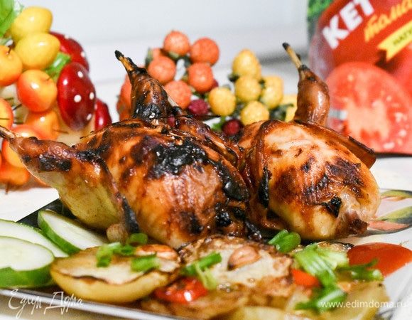 Перепела в темном соусе на овощной подушке Перепела в темном соусе на овощной подушке