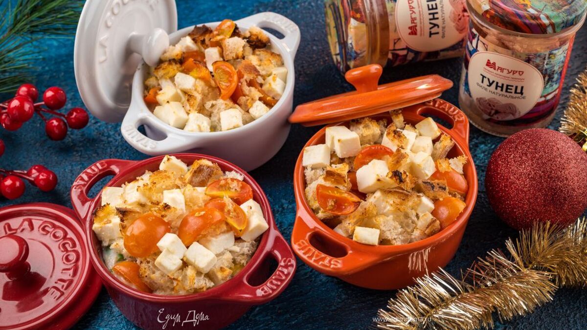 Запеканка с тунцом, овощами и брынзой