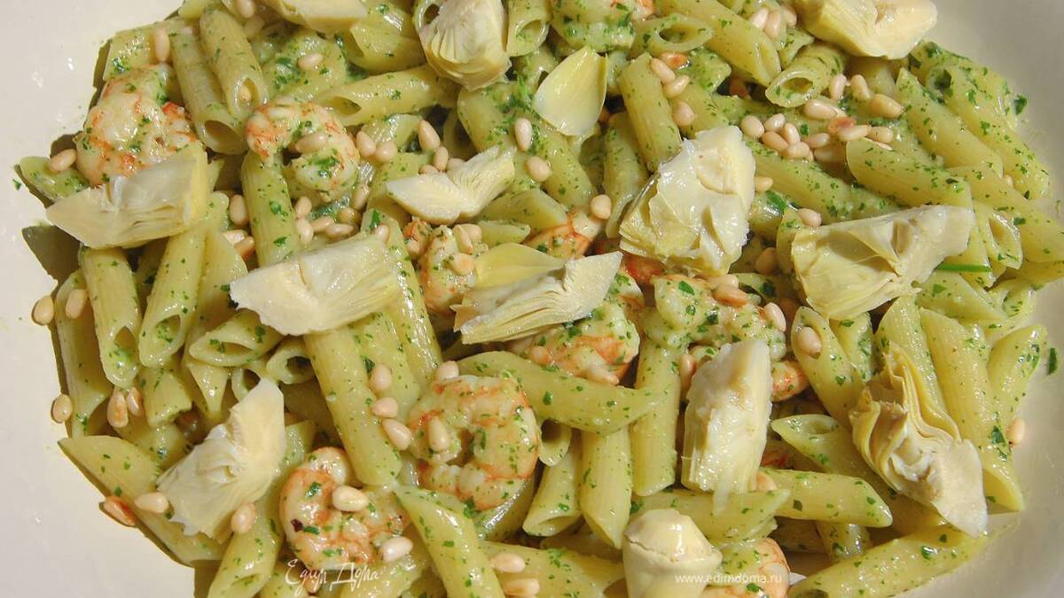Пенне с креветками и артишоками