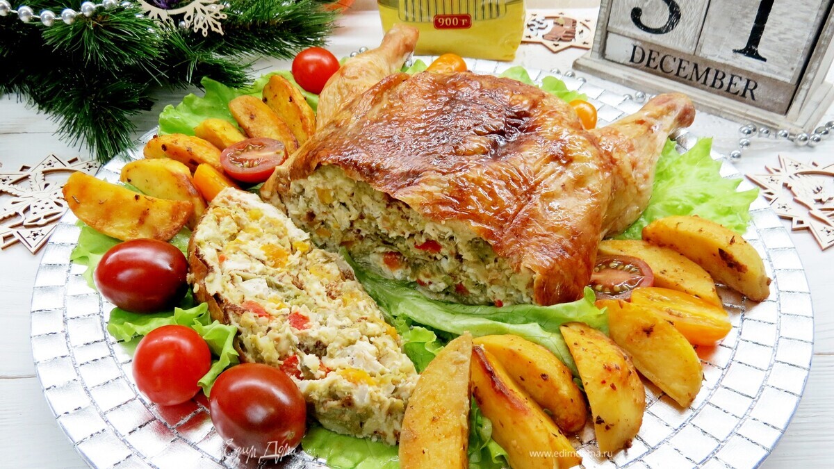 Курица, фаршированная  блинами с овощами, рисом и фетой