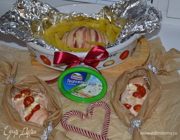 Куриное филе с сыром, беконом и помидорами Куриное филе с сыром, беконом и помидорами