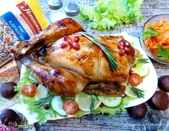 Курица, запеченная с рисом и каштанами