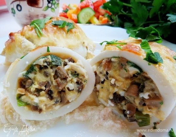 Кальмары, фаршированные грибами и яйцом Кальмары, фаршированные грибами и яйцом