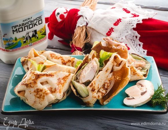 Ажурные блинчики с курицей и шампиньонами Ажурные блинчики с курицей и шампиньонами