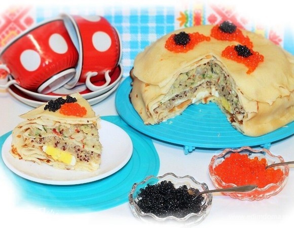 Курник из блинов с икрой