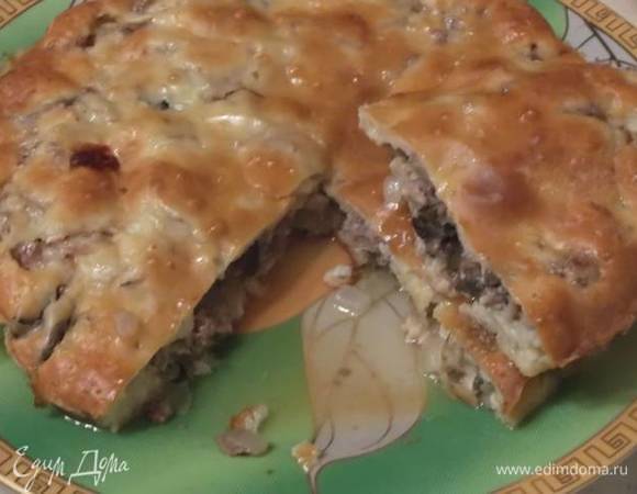 Заливной пирог с мясом, луком и грибами Заливной пирог с мясом, луком и грибами