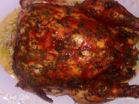 Курица, фаршированная тыквой, в томатном соусе