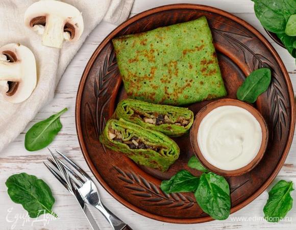 Зеленые блины со шпинатом и грибами