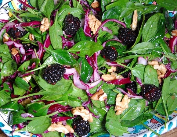 Салат из шпината с красным луком, ежевикой и грецкими орехами Салат из шпината с красным луком, ежевикой и грецкими орехами