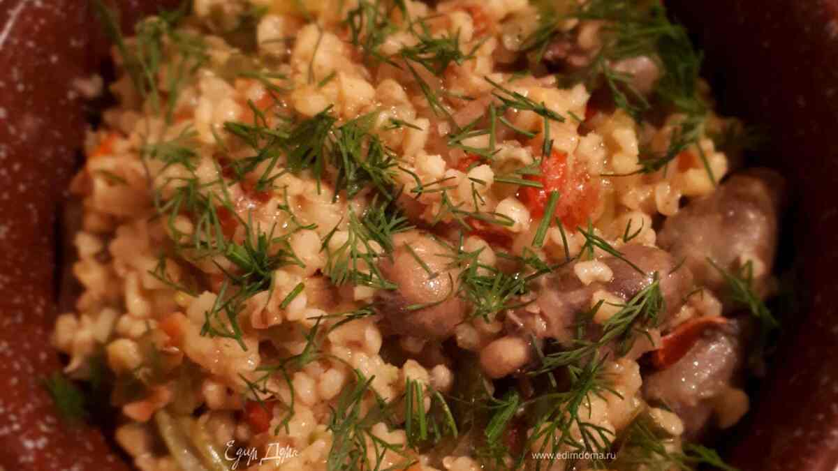 Булгур с куриными сердечками и овощами