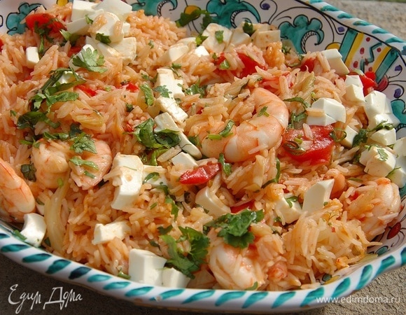 Пилав с креветками, фенхелем и фетой