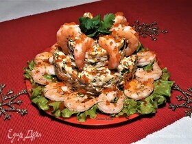 Двухъярусный салат с креветками и крабовыми палочками