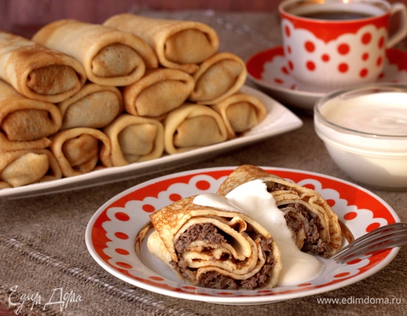 Блины с начинкой из куриных сердечек и шампиньонов