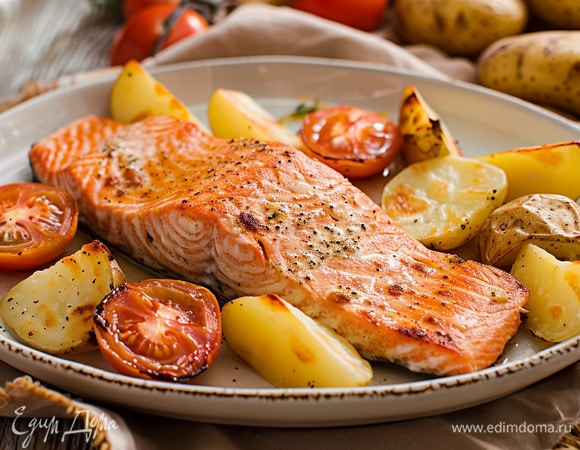 Семга, запеченная с молодым картофелем и черри Семга, запеченная с молодым картофелем и черри