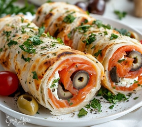 Рулетики с красной рыбой и оливками в лаваше