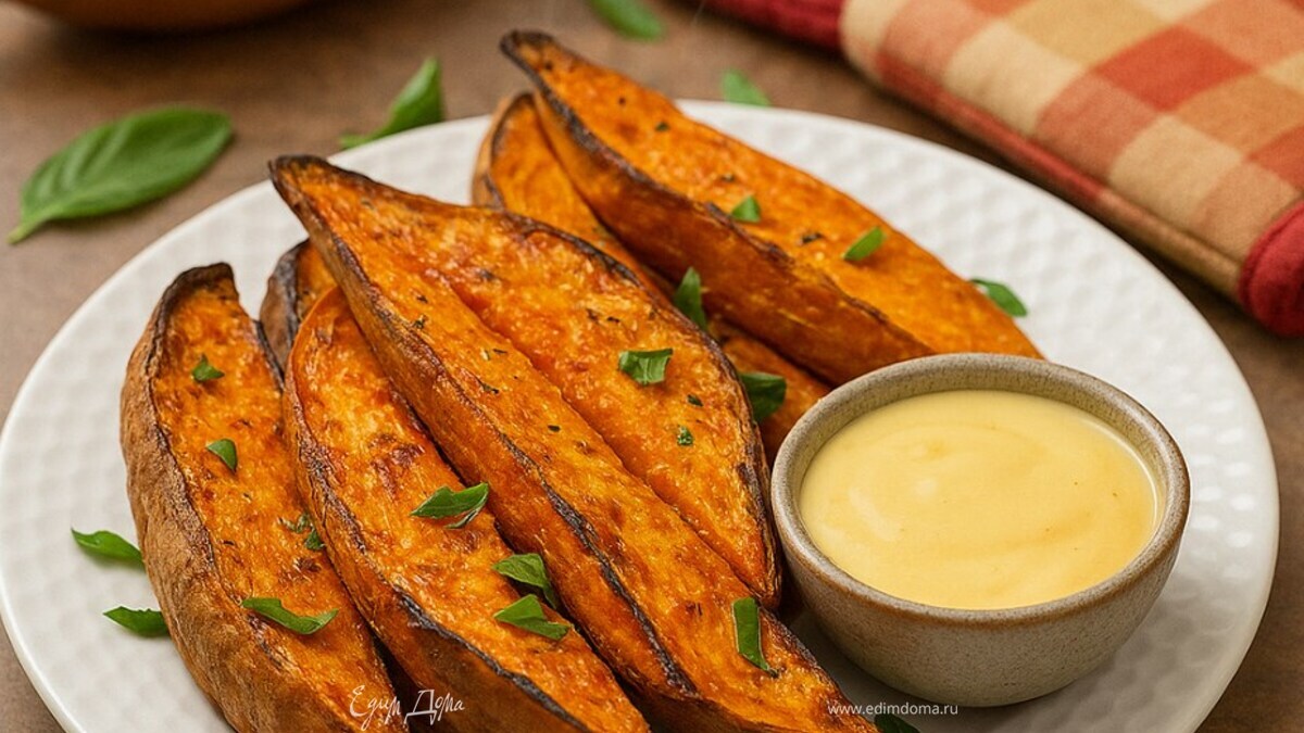 Хрустящие дольки из батата с сырным соусом