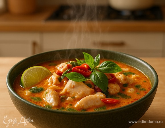 Тайский острый суп с курицей и кокосом