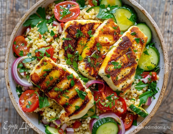 Салат с булгуром и обжаренным халуми