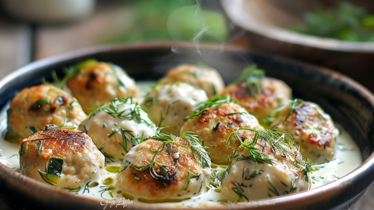 Куриные фрикадельки с кабачком и укропом в йогуртовом соусе