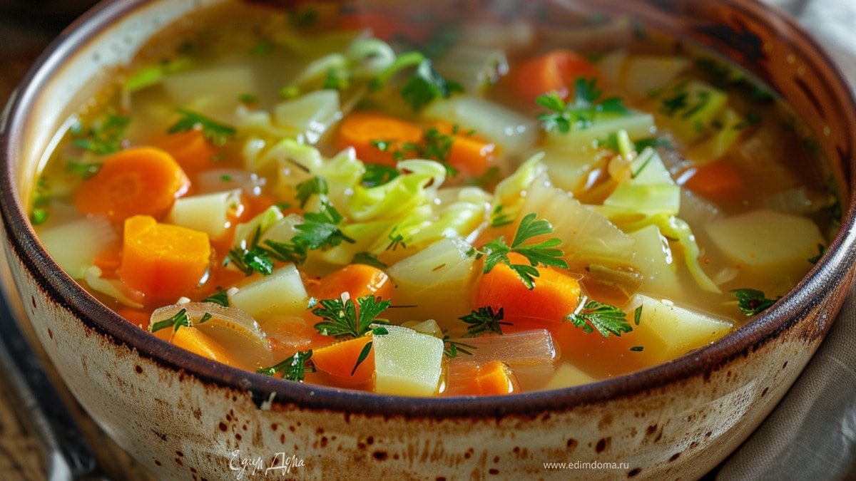 Суп с молодой капустой, морковью и зеленью