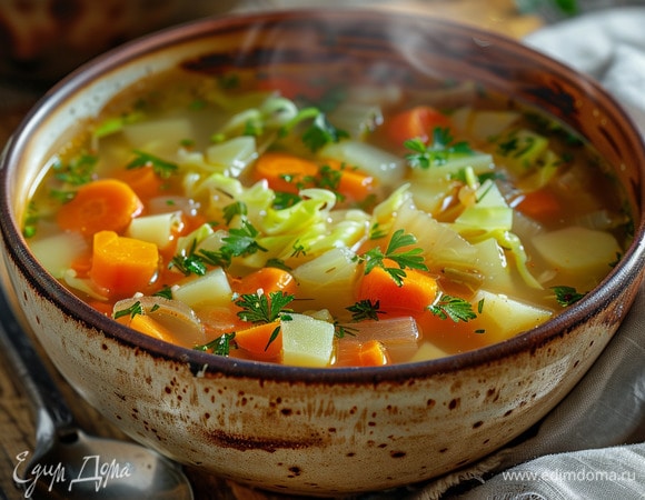 Суп с молодой капустой, морковью и зеленью