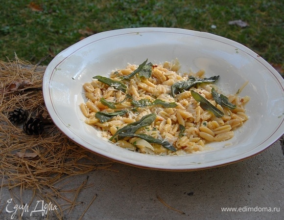 Паста с фундуком, карамелизированным луком и шалфеем Паста с фундуком, карамелизированным луком и шалфеем