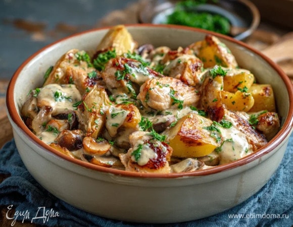 Жаркое из картофеля, грибов и курицы в духовке      