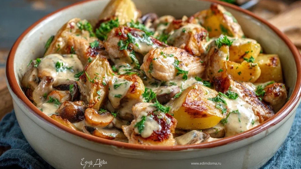 Жаркое из картофеля, грибов и курицы в духовке