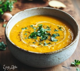 Пряный суп из тыквы с имбирем и чечевицей